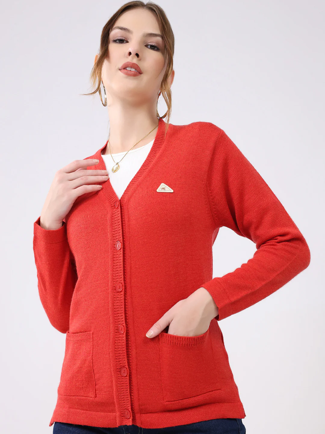 Women Red Solid V Neck Full Sleeve Cardigan - Image 6
