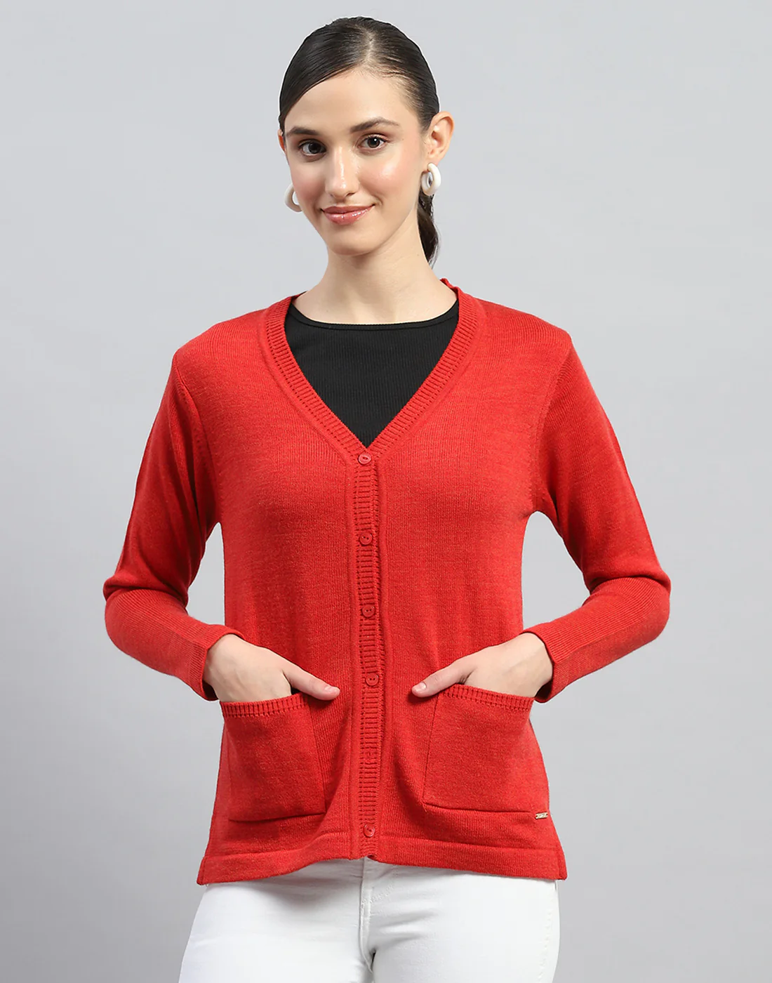 Women Red Solid V Neck Full Sleeve Cardigan - Image 2