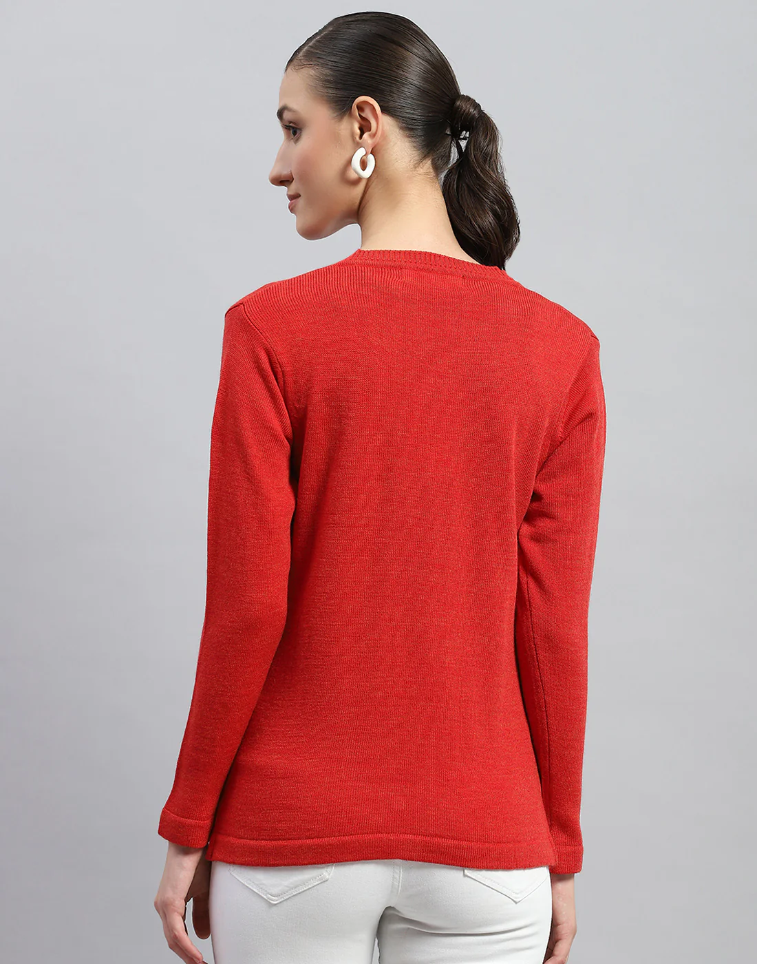 Women Red Solid V Neck Full Sleeve Cardigan - Image 5