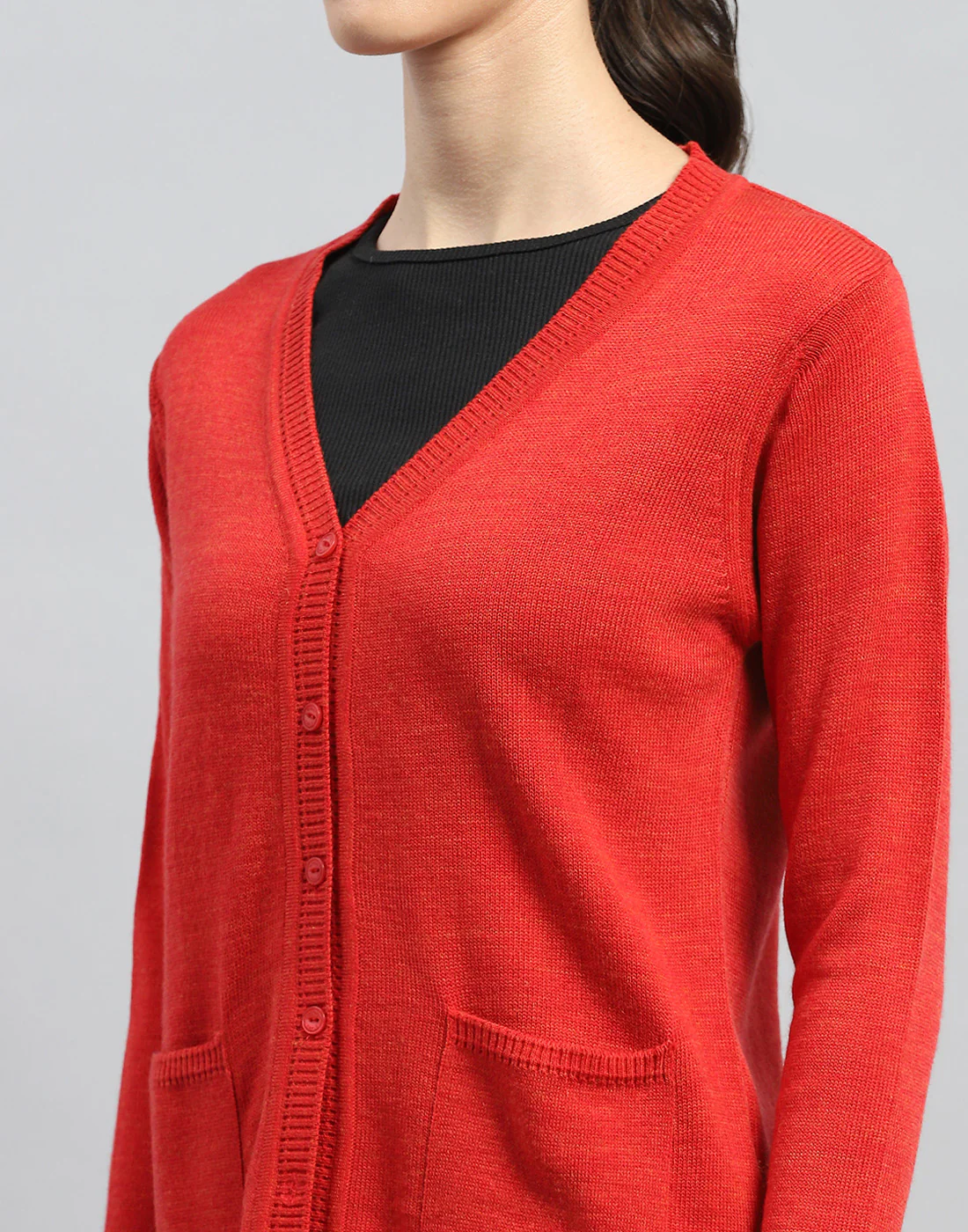 Women Red Solid V Neck Full Sleeve Cardigan - Image 6
