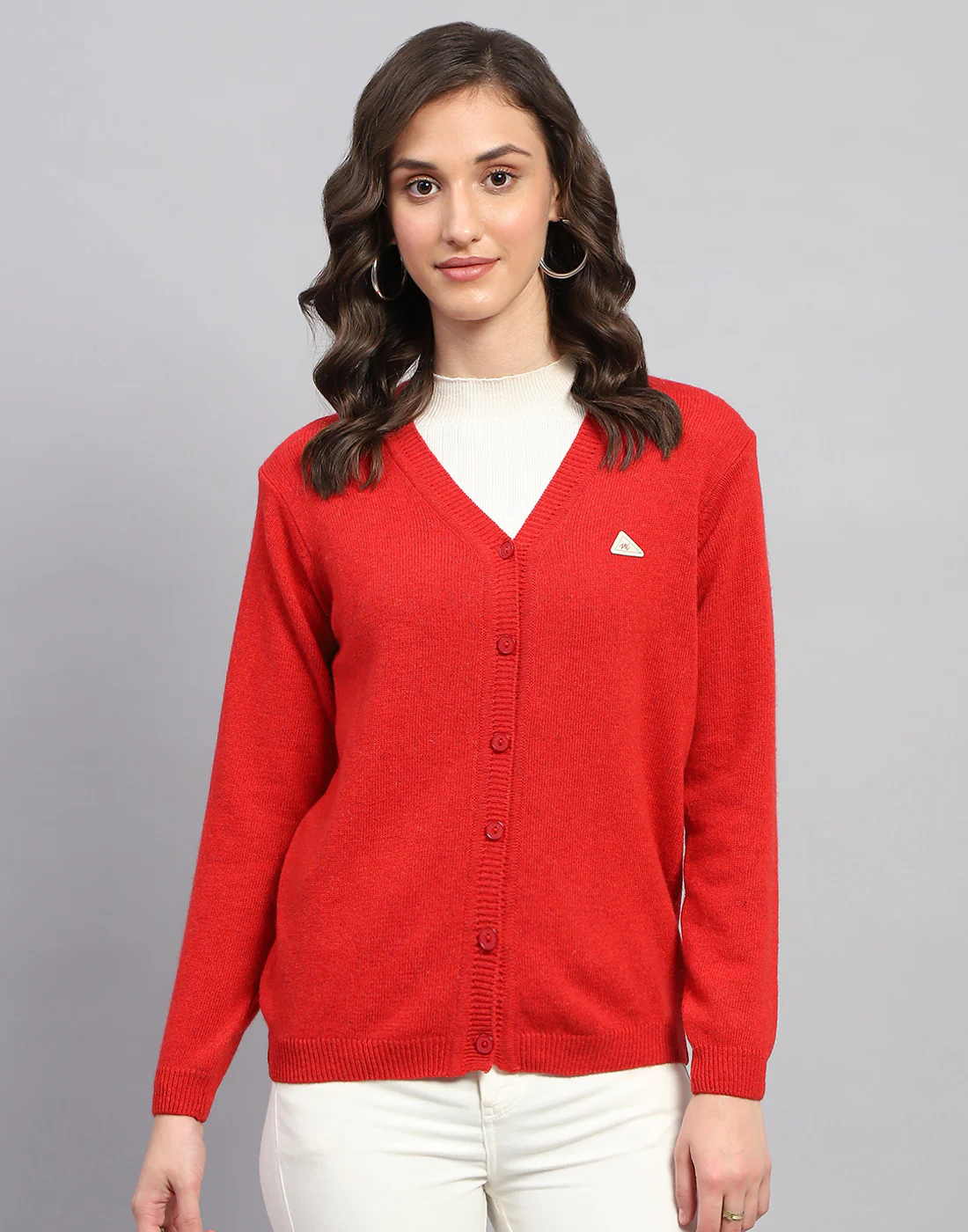 Women Red Solid V Neck Full Sleeve Cardigan - Image 2