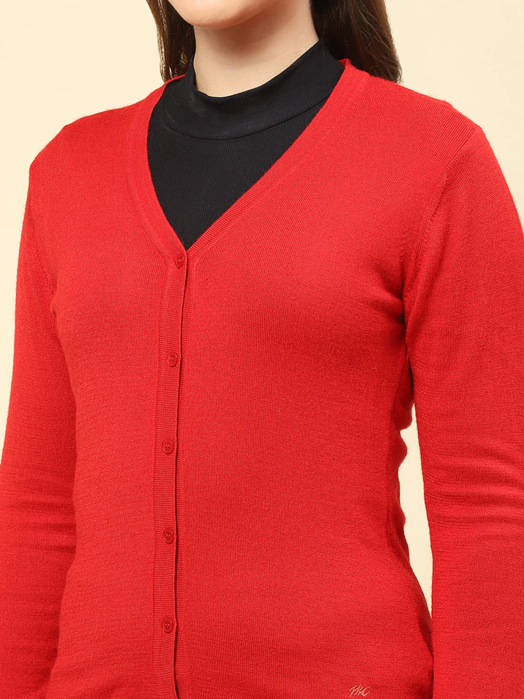 Women Red Solid V Neck Full Sleeve Cardigan - Image 6