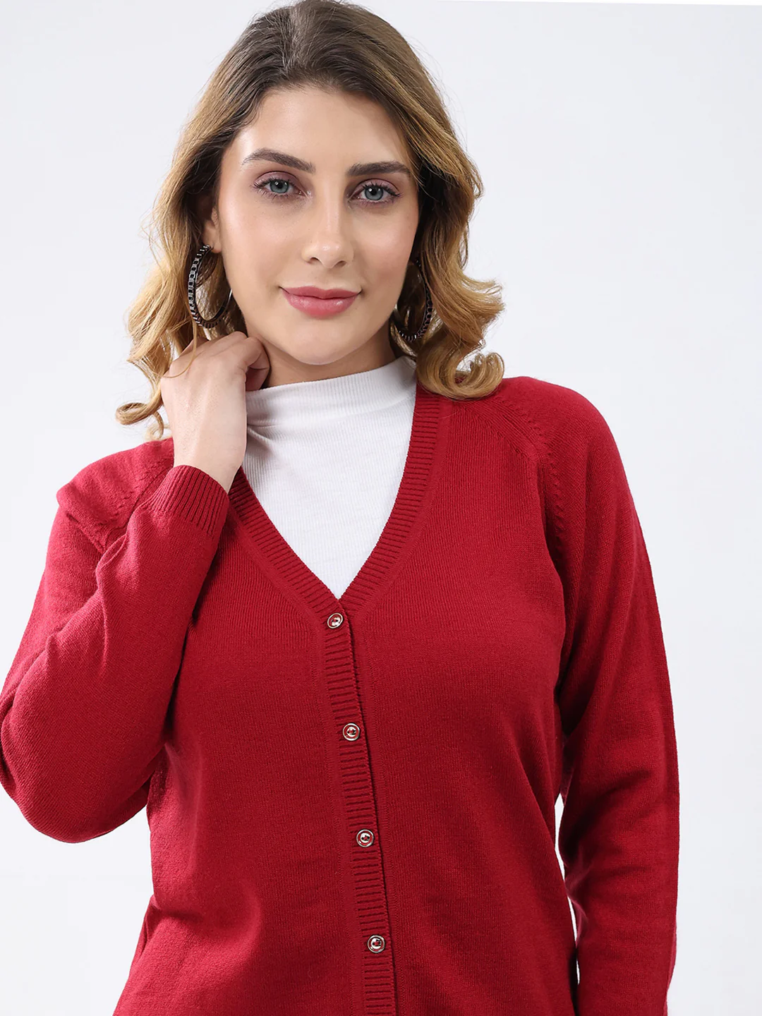 Women Red Solid V Neck Full Sleeve Cardigan - Image 7
