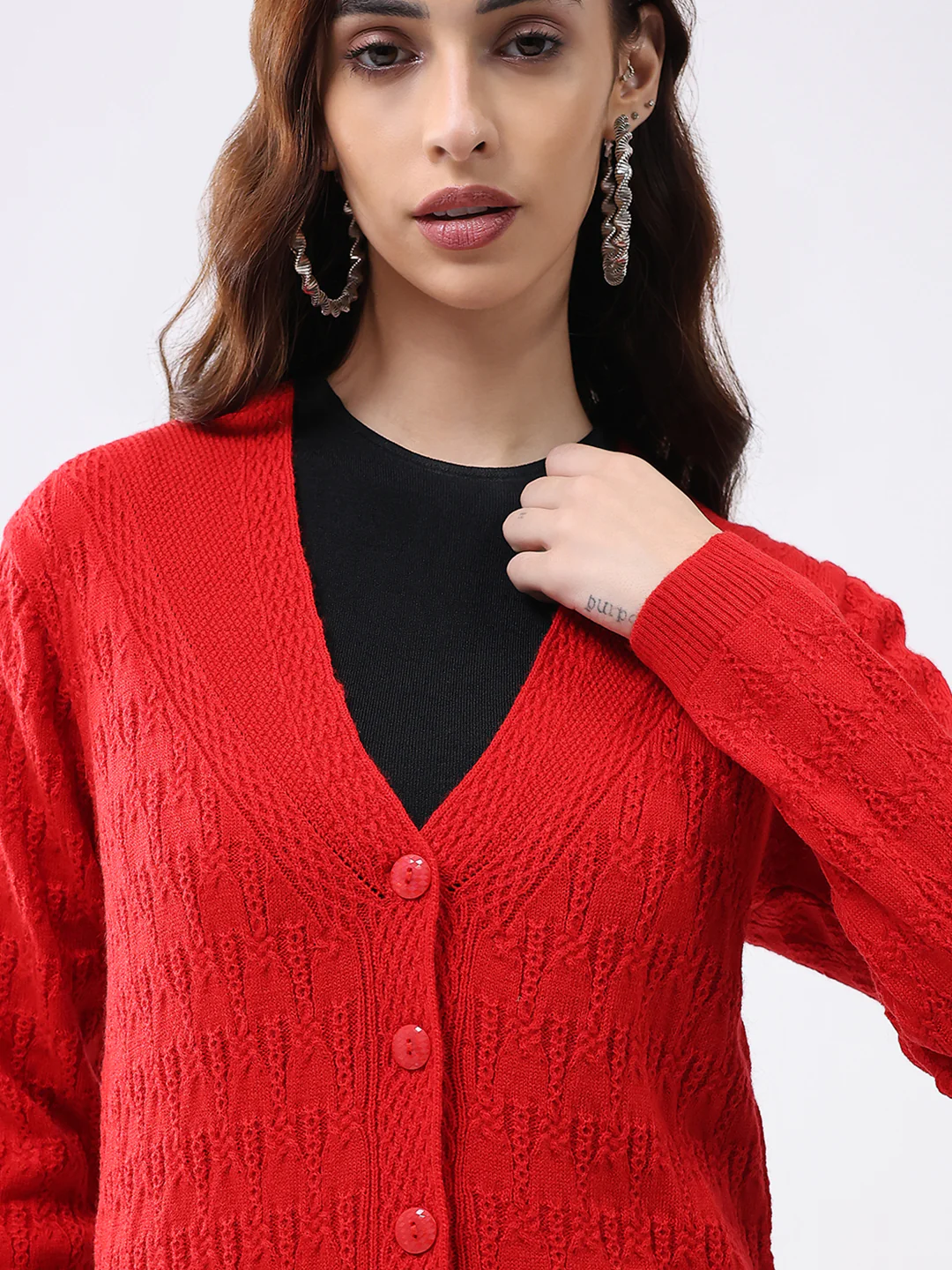 Women Red Solid V Neck Full Sleeve Cardigan - Image 7