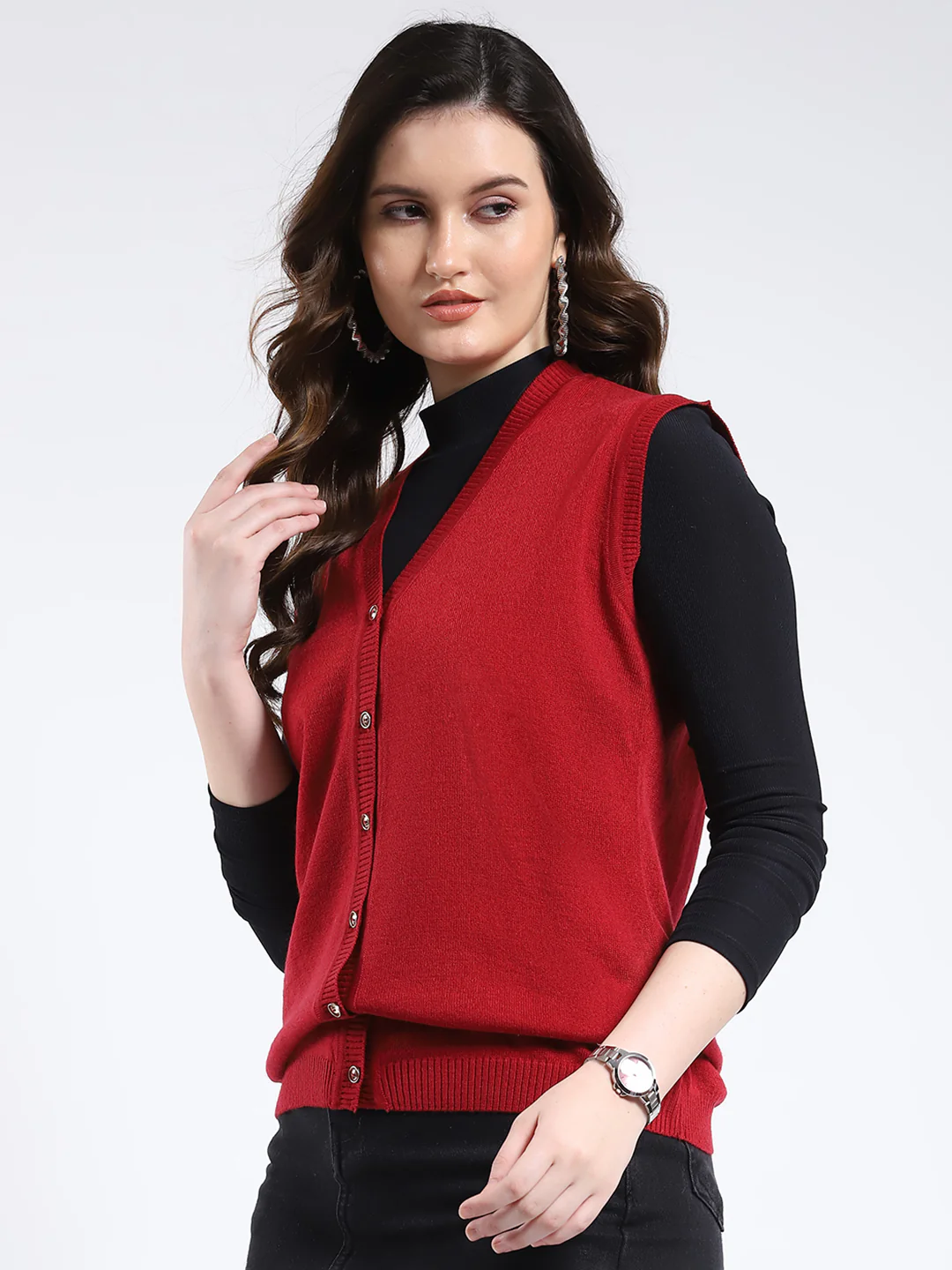 Women Red Solid V Neck Sleeveless Cardigan - Image 3