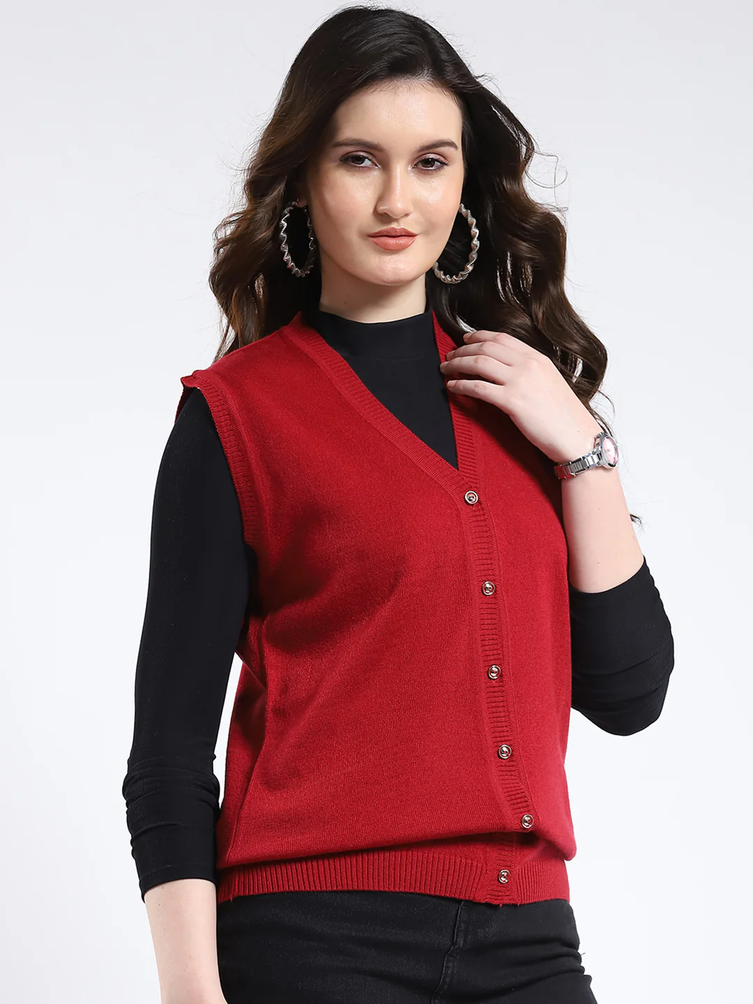 Women Red Solid V Neck Sleeveless Cardigan - Image 4