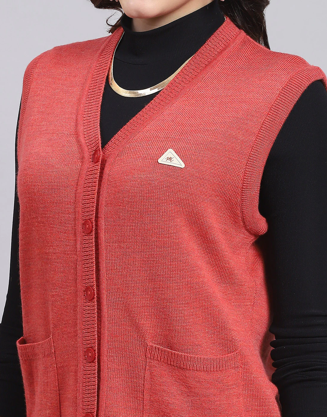 Women Red Solid V Neck Sleeveless Sweater - Image 6