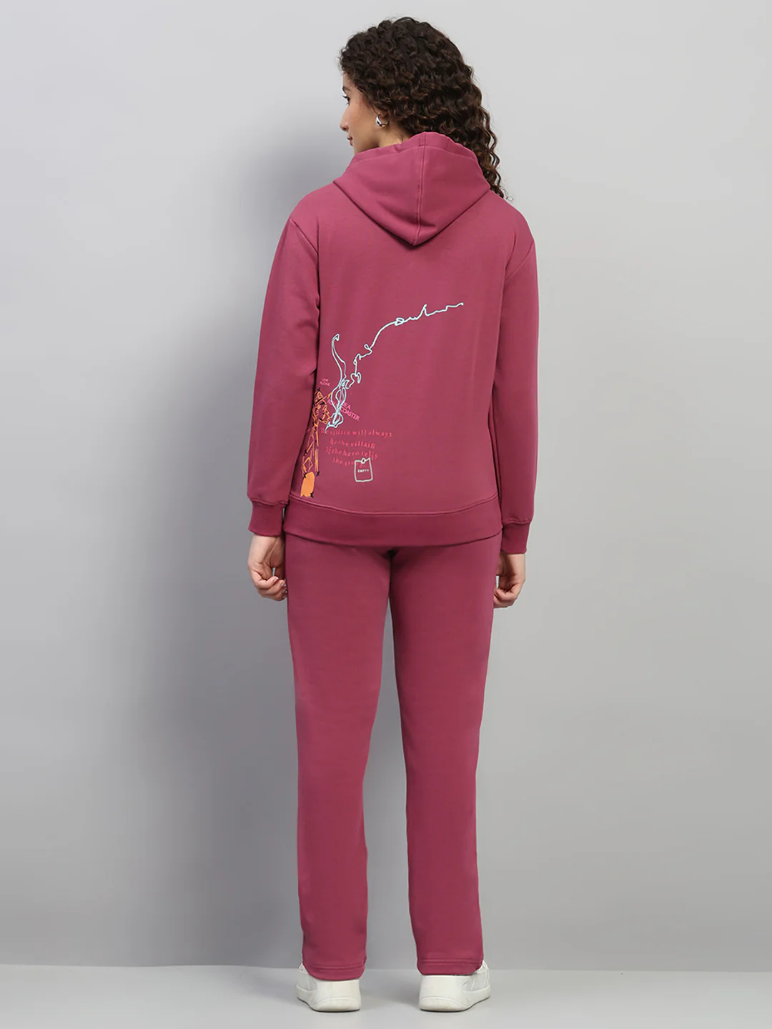Women Rose Pink Printed Hooded Full Sleeve Winter Tracksuit - Image 5