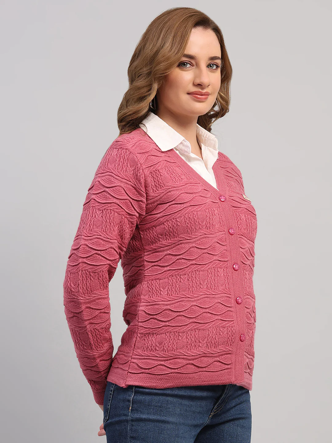 Women Rose Pink Self Design V Neck Full Sleeve Cardigan - Image 4