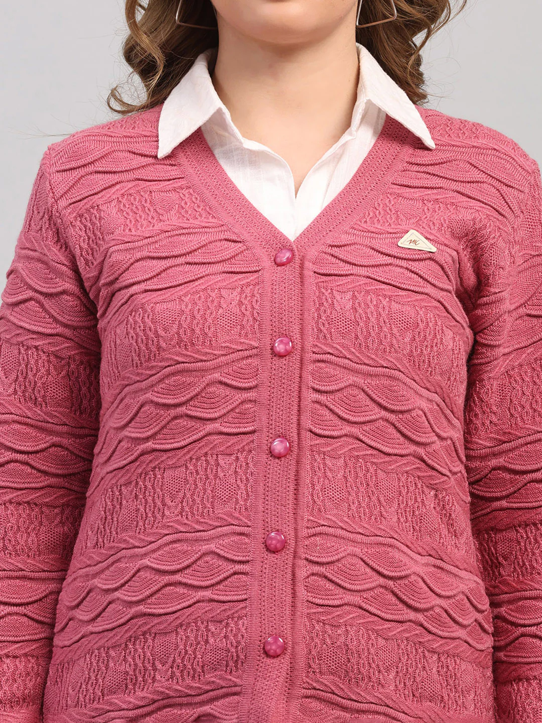Women Rose Pink Self Design V Neck Full Sleeve Cardigan - Image 6