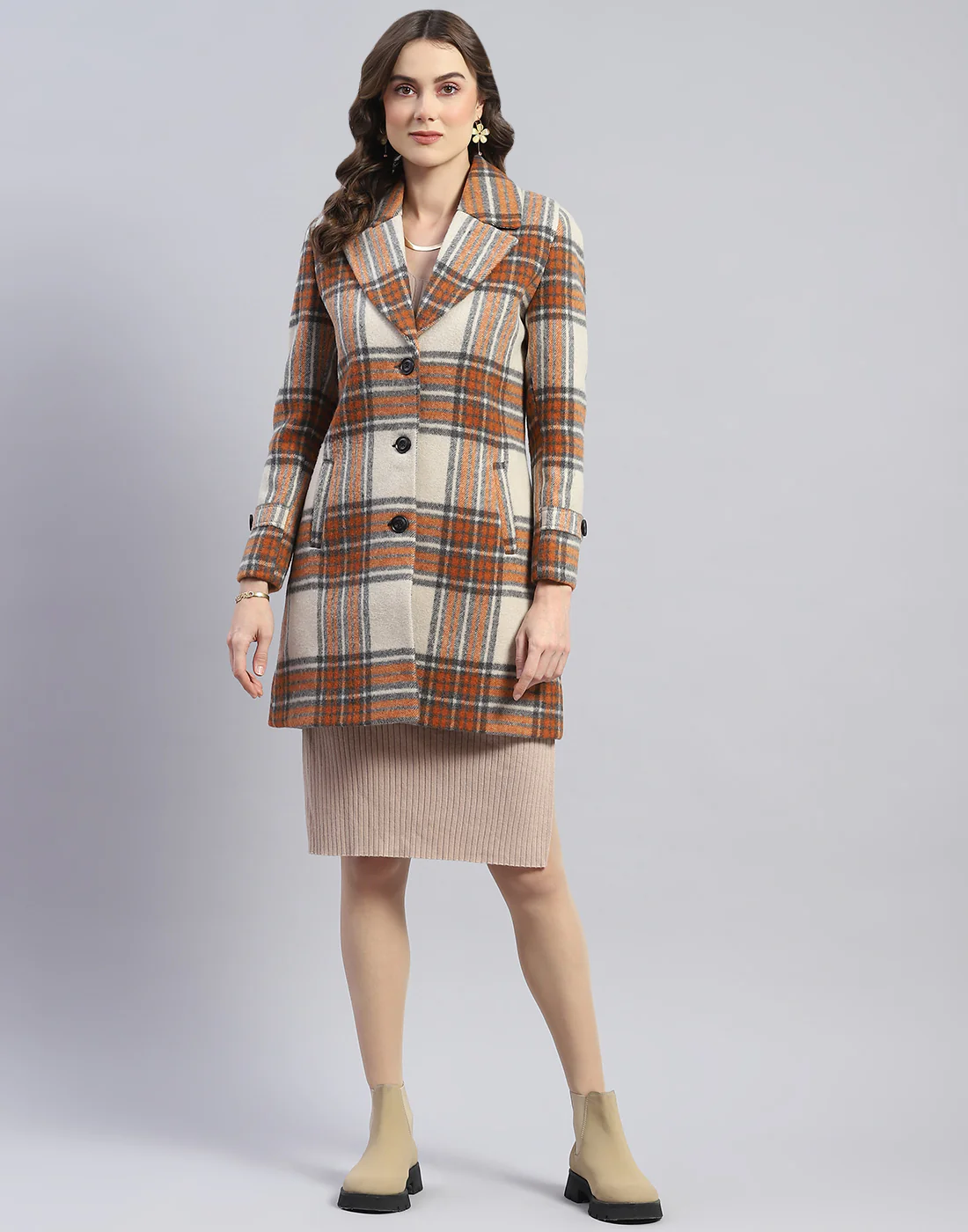Women Rust Check Lapel Collar Full Sleeve Coat - Image 2