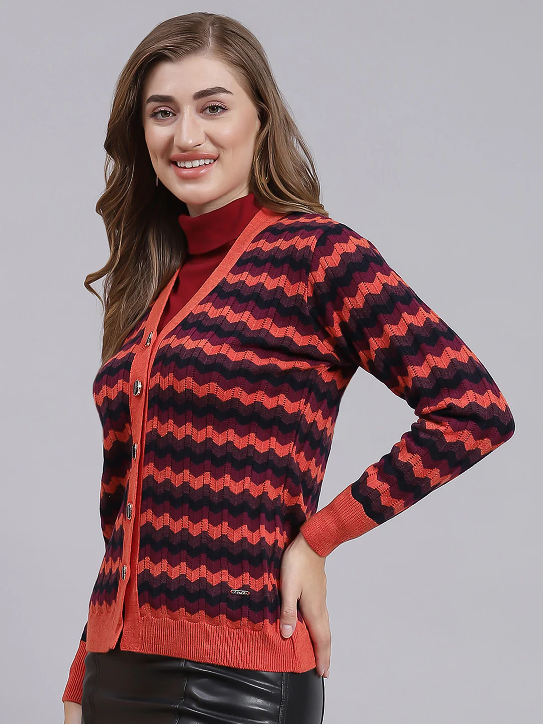 Women Rust Orange Jaquard Wool blend Cardigan - Image 4
