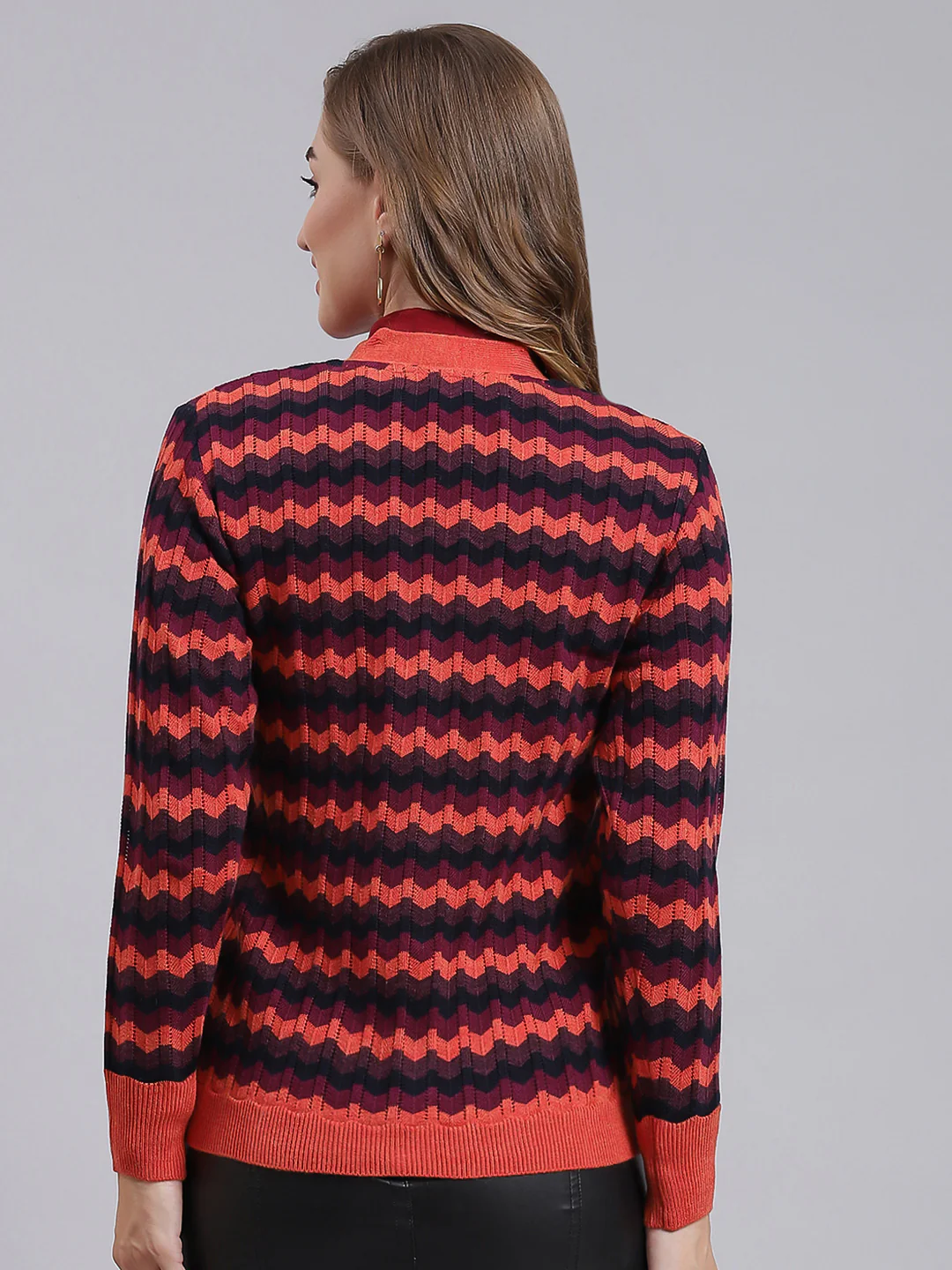 Women Rust Orange Jaquard Wool blend Cardigan - Image 5