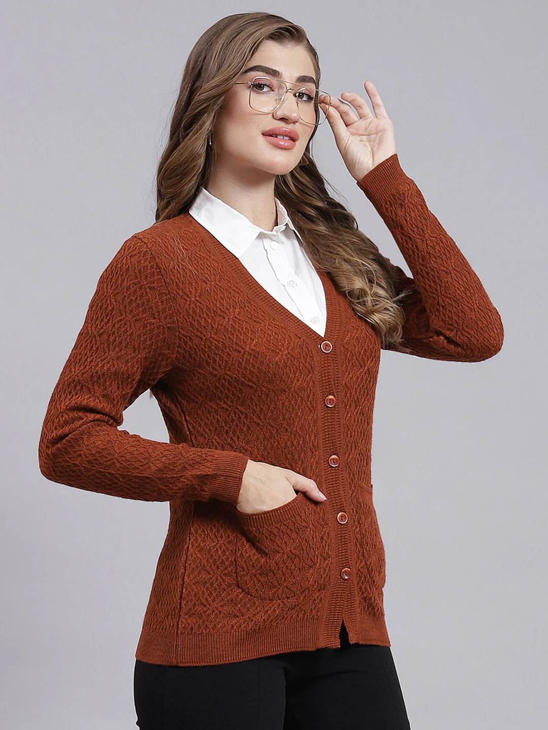 Women Rust Orange Self Design Wool blend Cardigan - Image 2