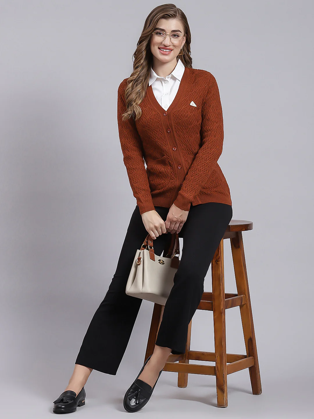 Women Rust Orange Self Design Wool blend Cardigan - Image 5
