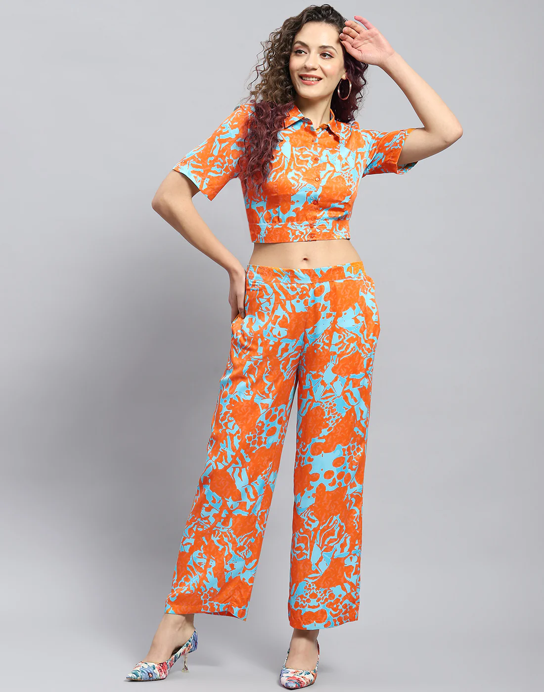 Women Rust Printed Collar Half Sleeve Cords Set - Image 3