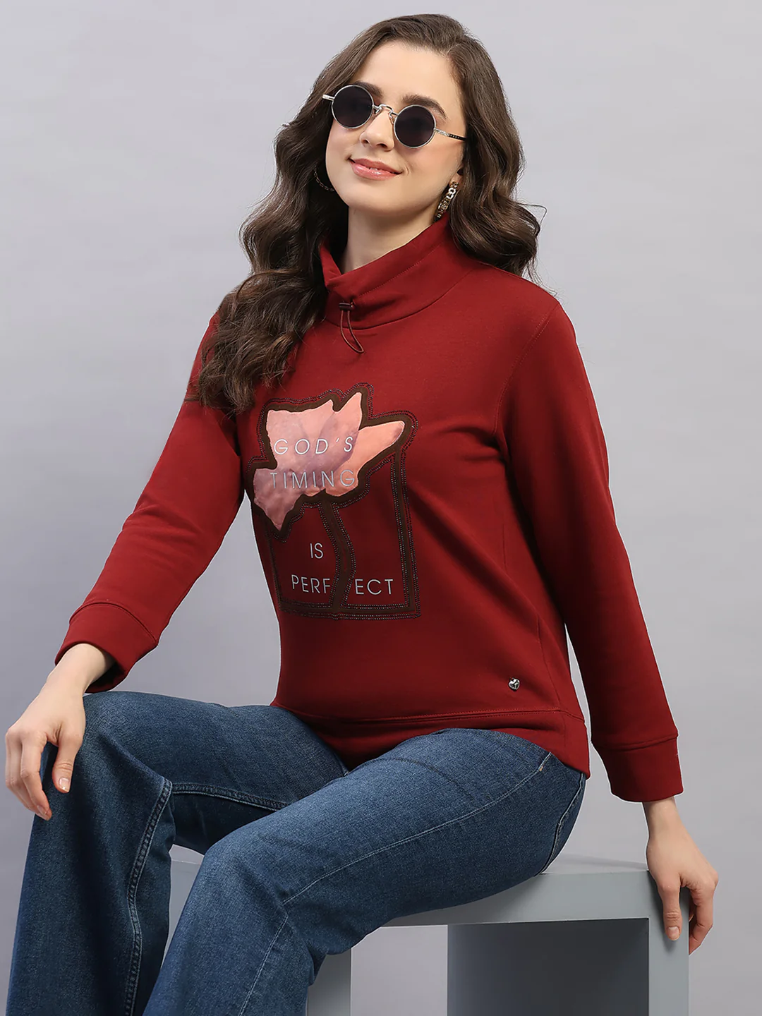 Women Rust Printed High Neck Full Sleeve Sweatshirt - Image 6