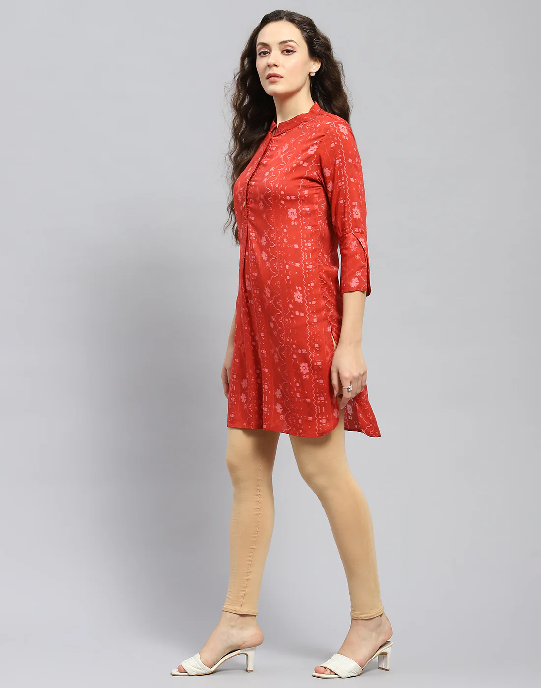 Women Rust Printed Mandarin Collar 3/4 Sleeve Tunic - Image 4