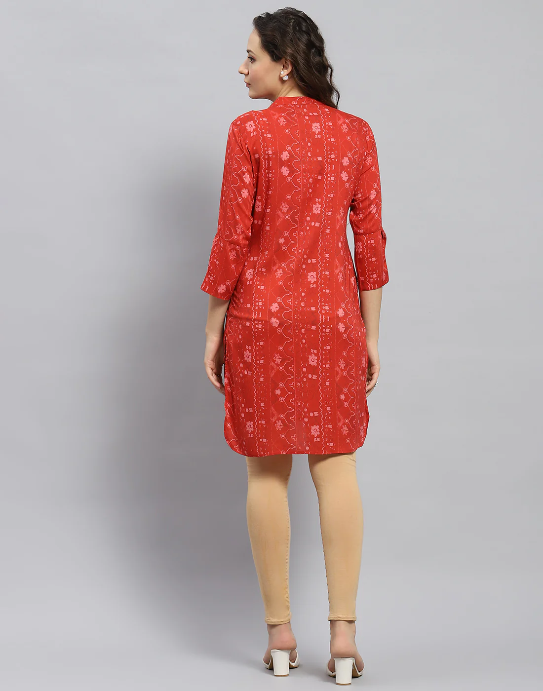 Women Rust Printed Mandarin Collar 3/4 Sleeve Tunic - Image 6