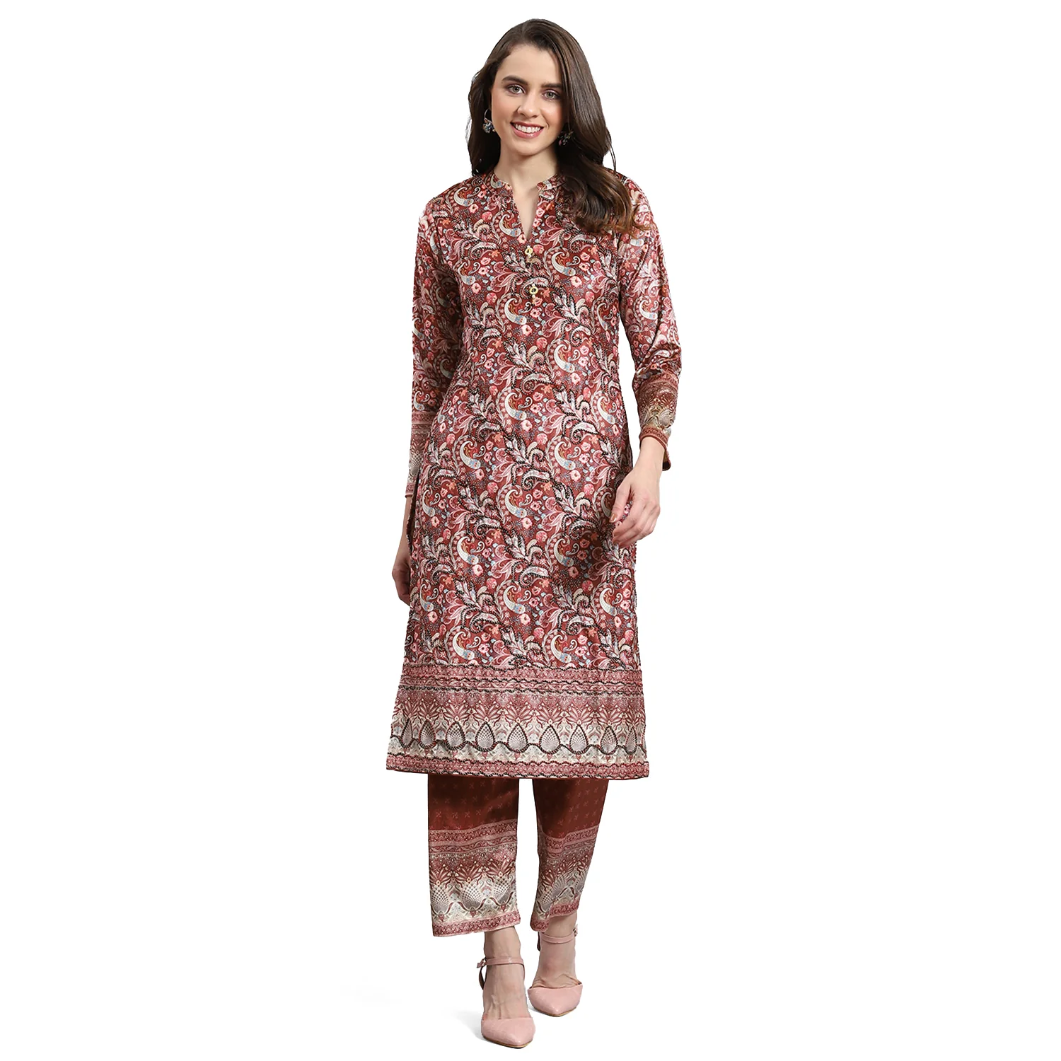 Women Rust Printed Mandarin Collar 3/4th Sleeve Kurtis Set - Image 5