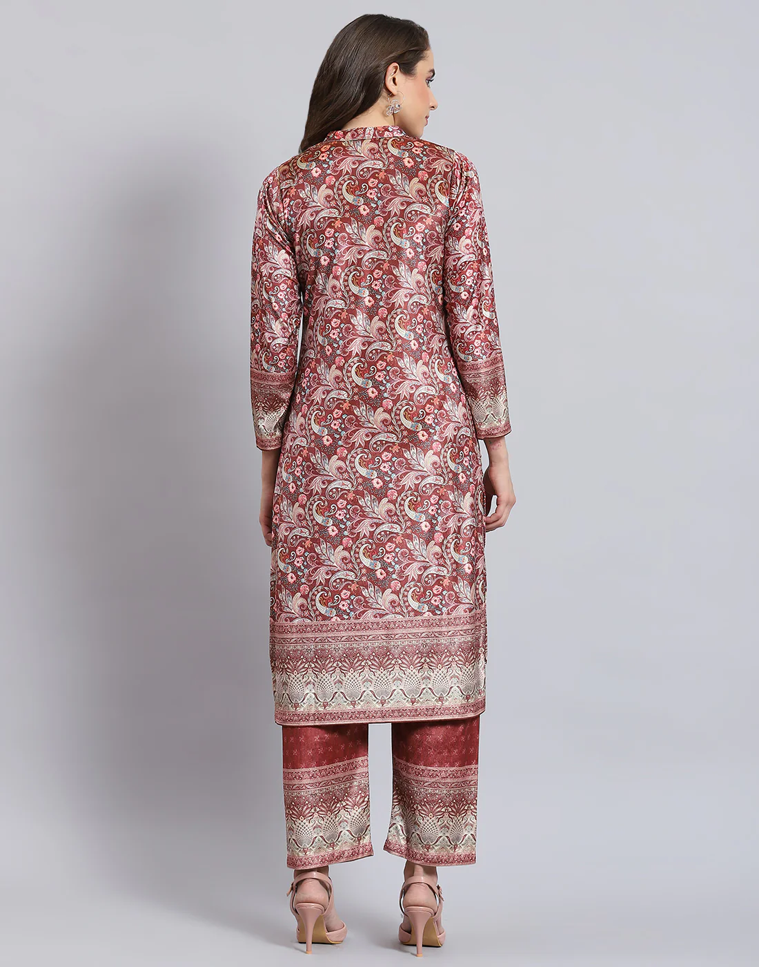 Women Rust Printed Mandarin Collar 3/4th Sleeve Kurtis Set - Image 6