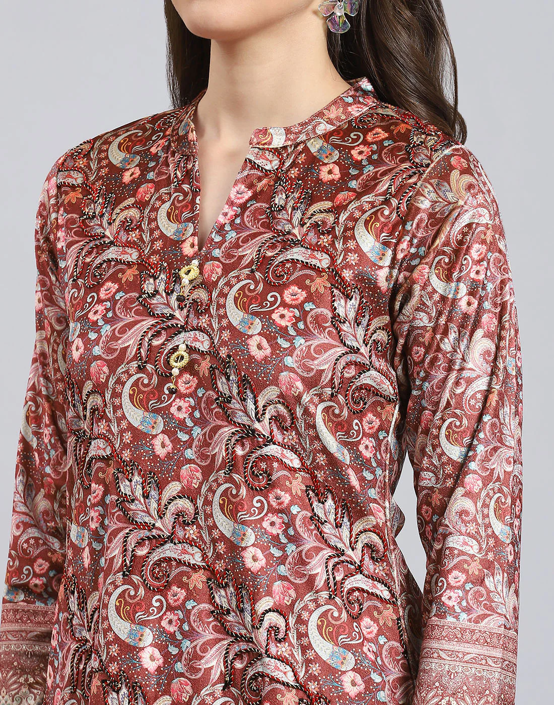 Women Rust Printed Mandarin Collar 3/4th Sleeve Kurtis Set - Image 7