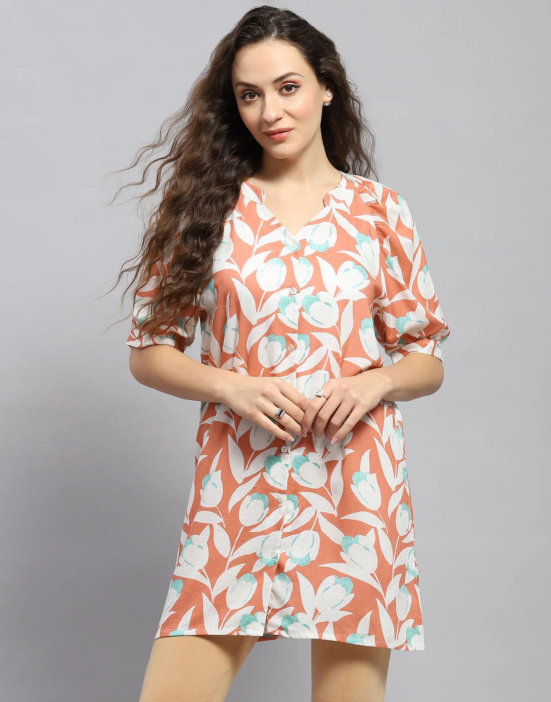 Women Rust Printed Mandarin Collar Short Sleeve Tunic - Image 2