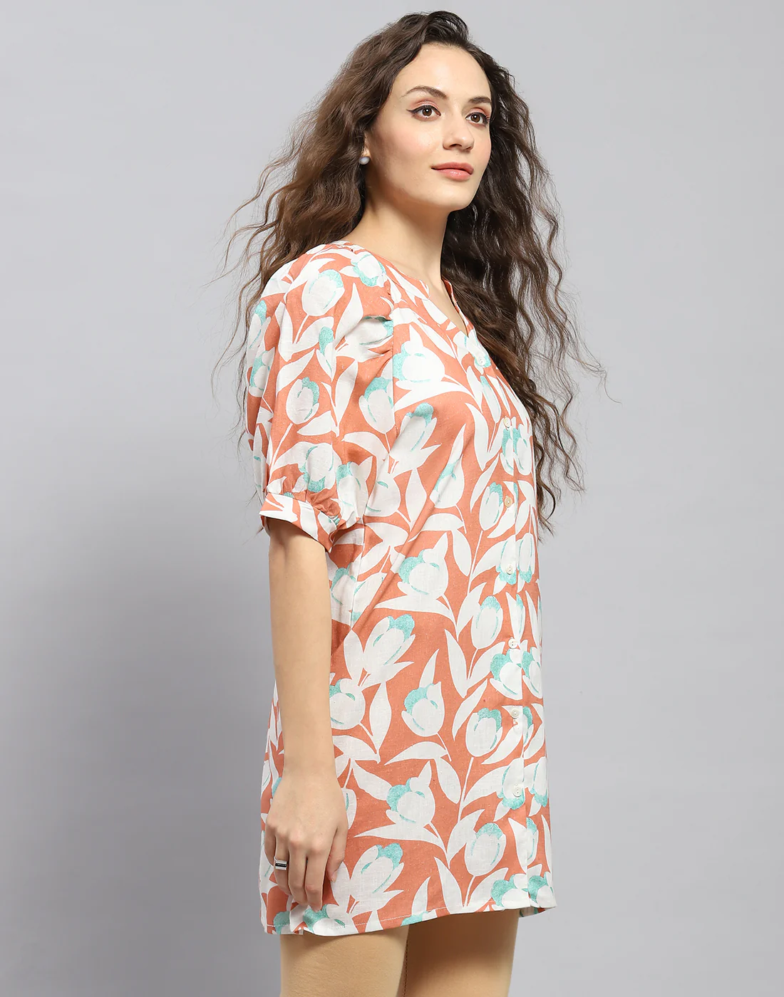 Women Rust Printed Mandarin Collar Short Sleeve Tunic - Image 4