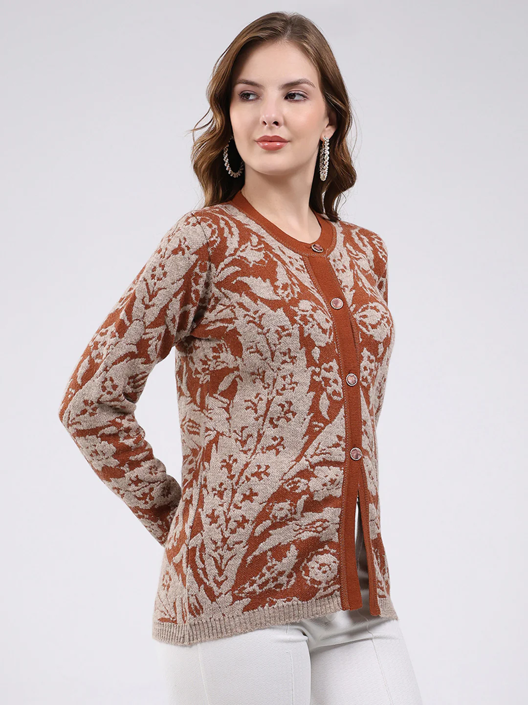 Women Rust Printed Round Neck Full Sleeve Cardigan - Image 4
