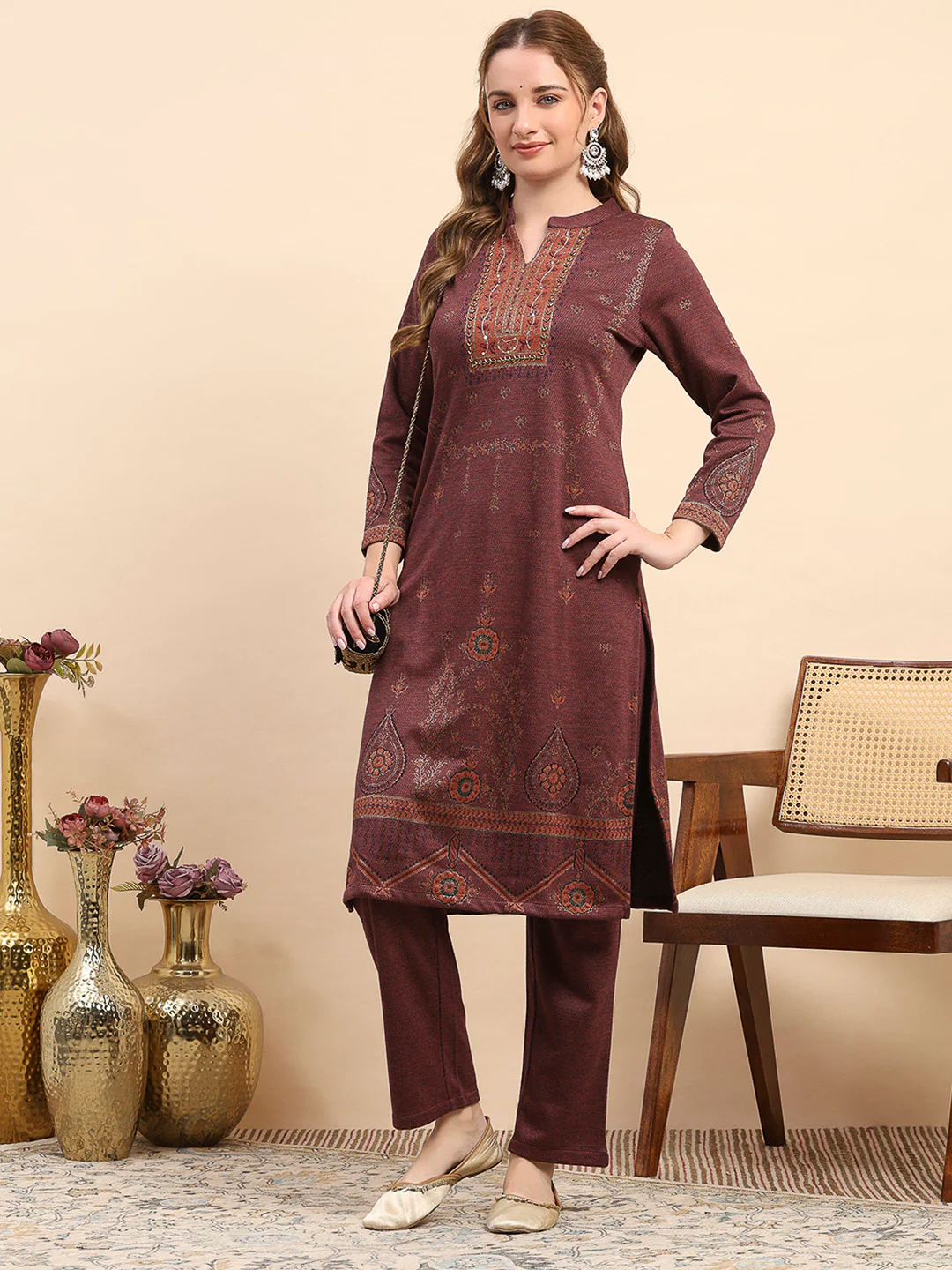 Women Rust Printed Round Neck Full Sleeve Kurti Set for Winter - Image 2