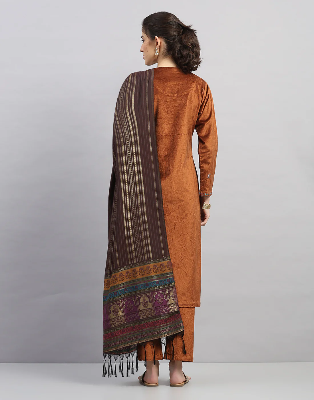Women Rust Printed Round Neck Full Sleeve 3 Pc Kurtis Set for Winter - Image 2
