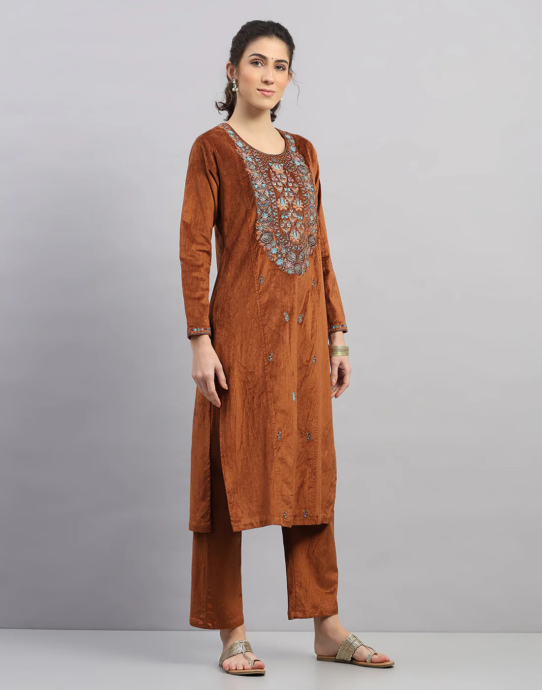 Women Rust Printed Round Neck Full Sleeve 3 Pc Kurtis Set for Winter - Image 6