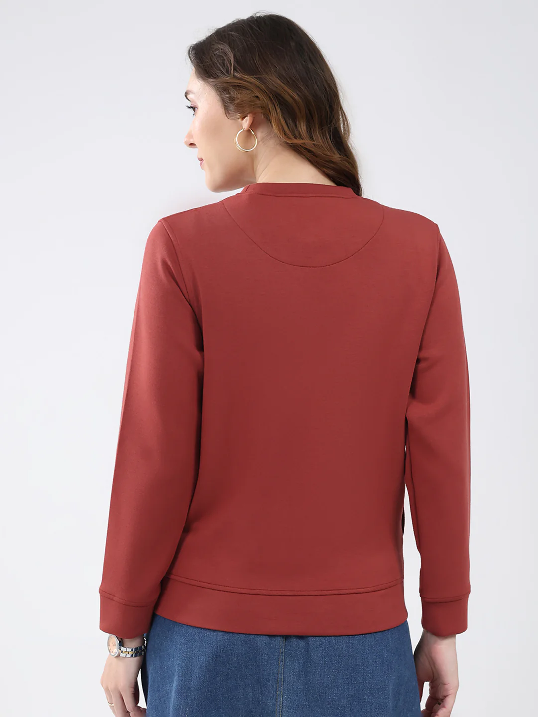 Women Rust Printed Round Neck Full Sleeve Sweatshirt - Image 5