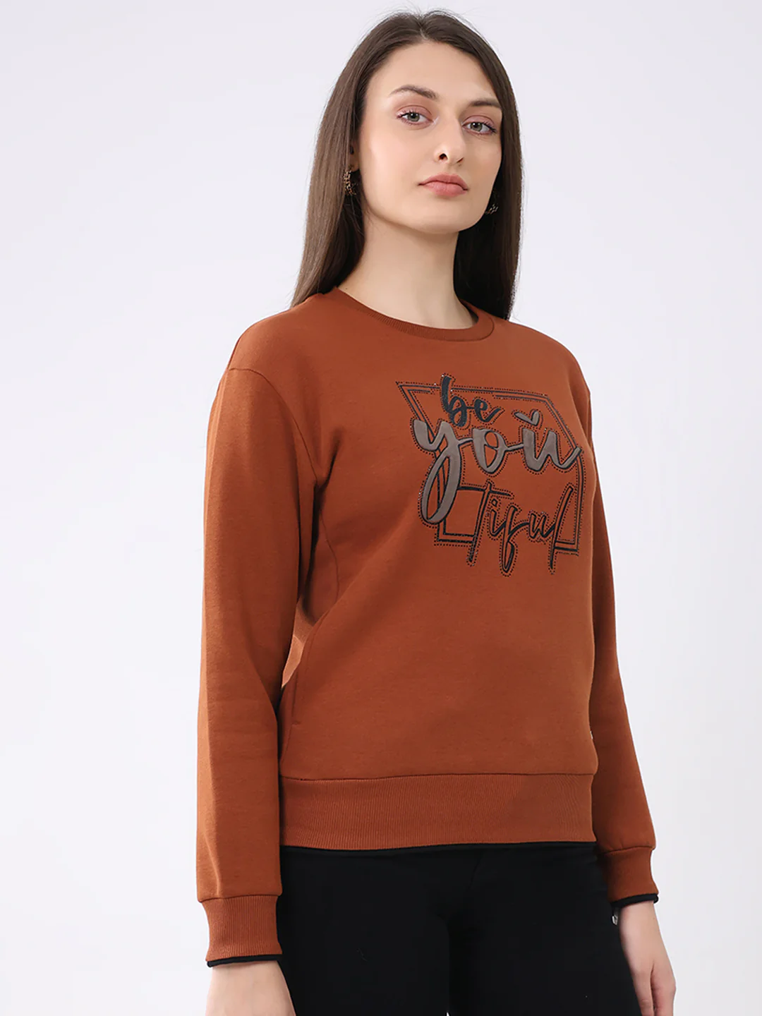 Women Rust Printed Round Neck Full Sleeve Sweatshirt - Image 4