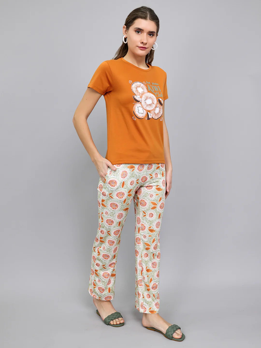 Women Rust Printed Round Neck Half Sleeve Lower Set - Image 3