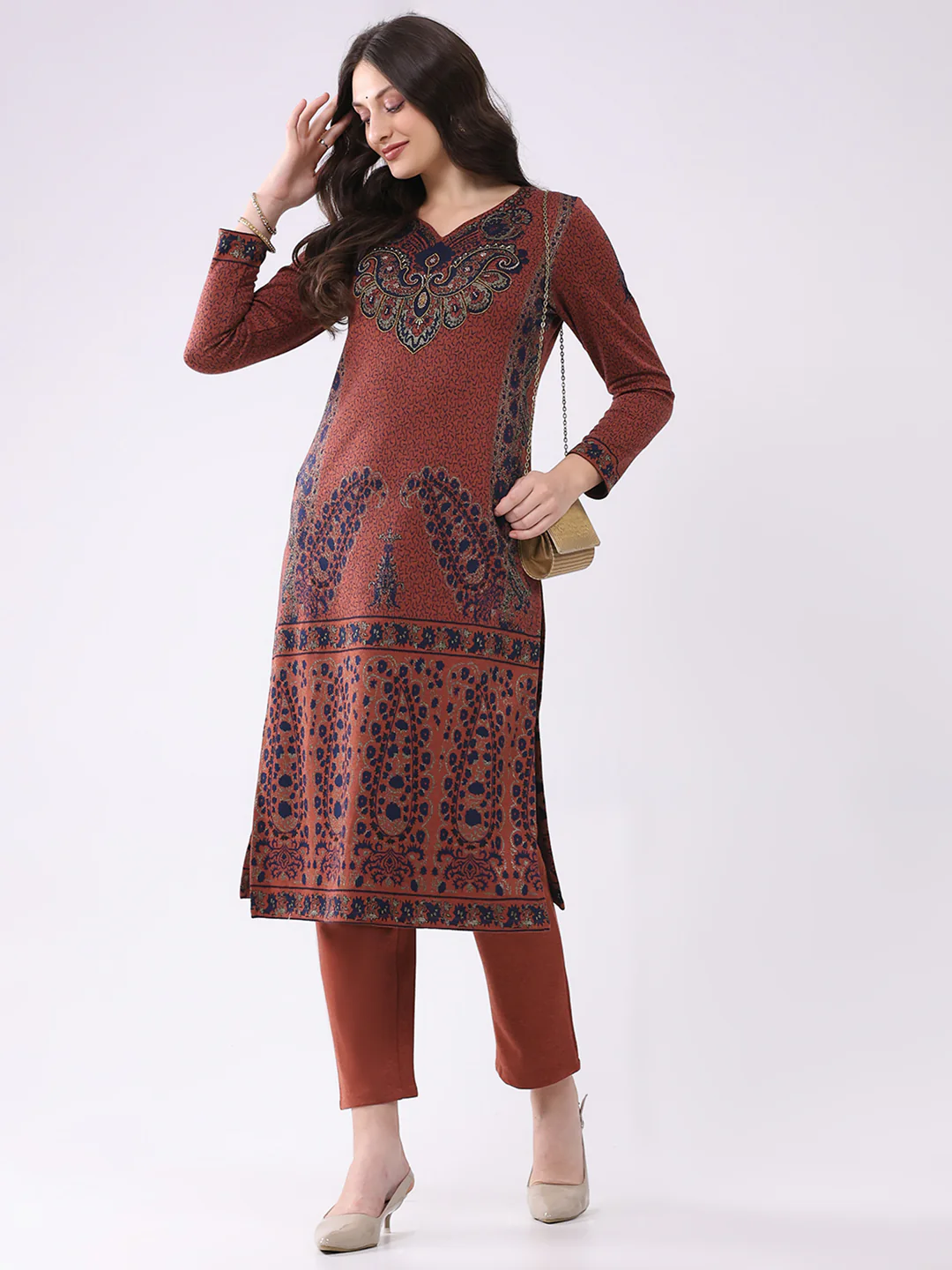 Women Rust Printed V Neck Full Sleeve Kurti Set for Winter - Image 2
