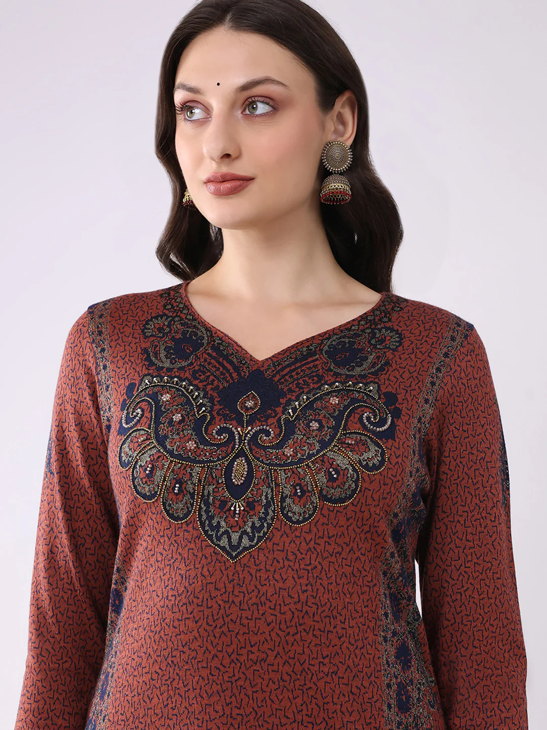 Women Rust Printed V Neck Full Sleeve Kurti Set for Winter - Image 6