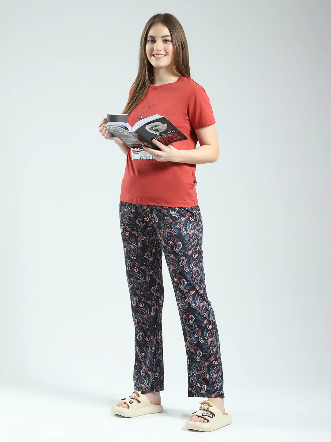 Women Rust Printed Round Neck Half Sleeve Lower Set - Image 2