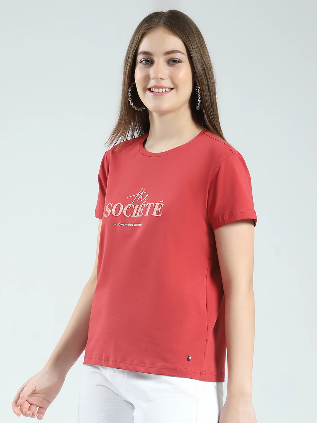 Women Rust Printed Round Neck Half Sleeve Top - Image 3