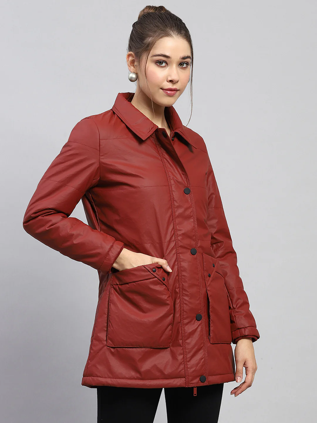 Women Rust Self Design Collar Full Sleeve Jacket - Image 4