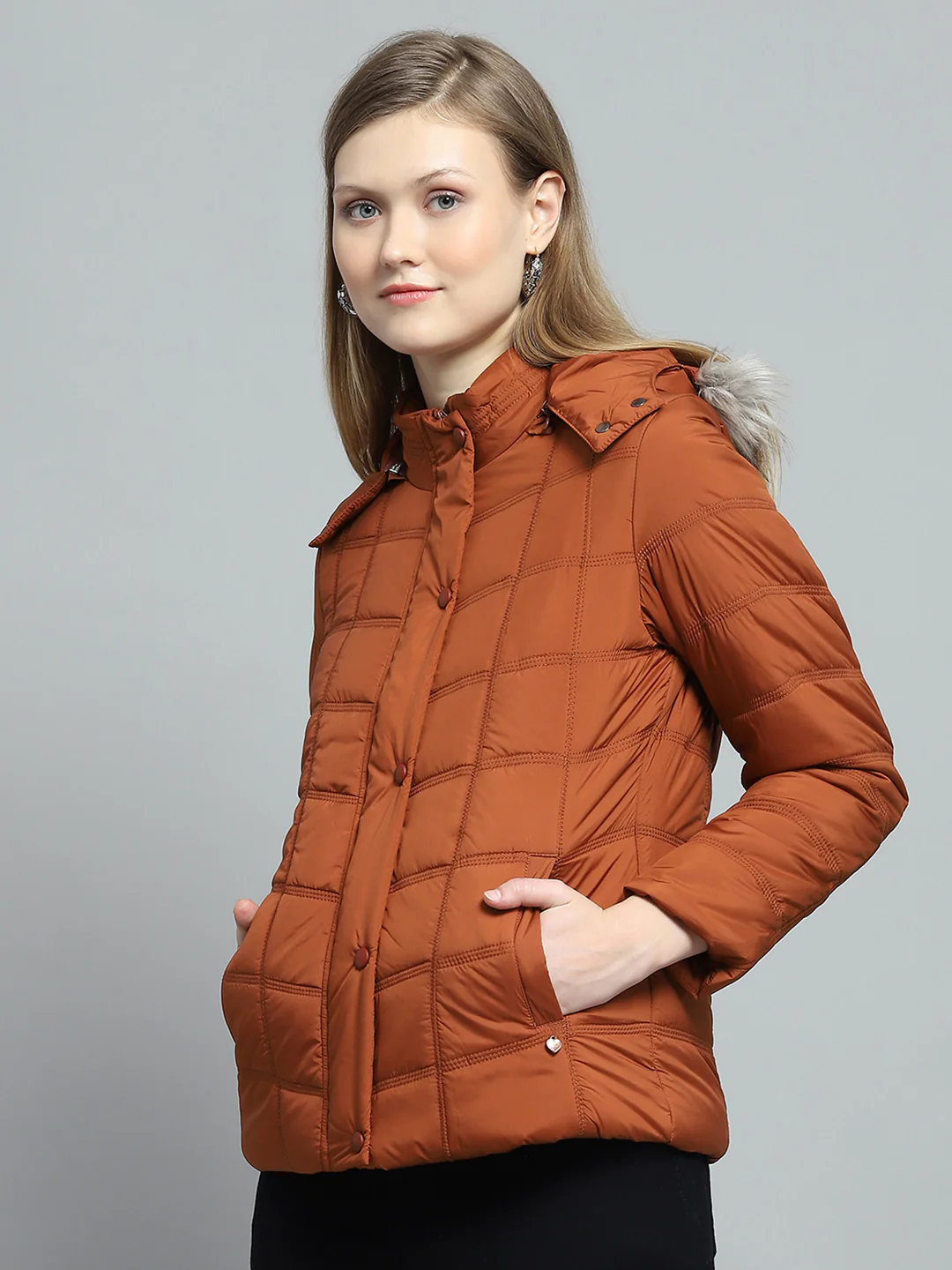 Women Rust Self Design Detachable Hood Full Sleeve Jacket - Image 3
