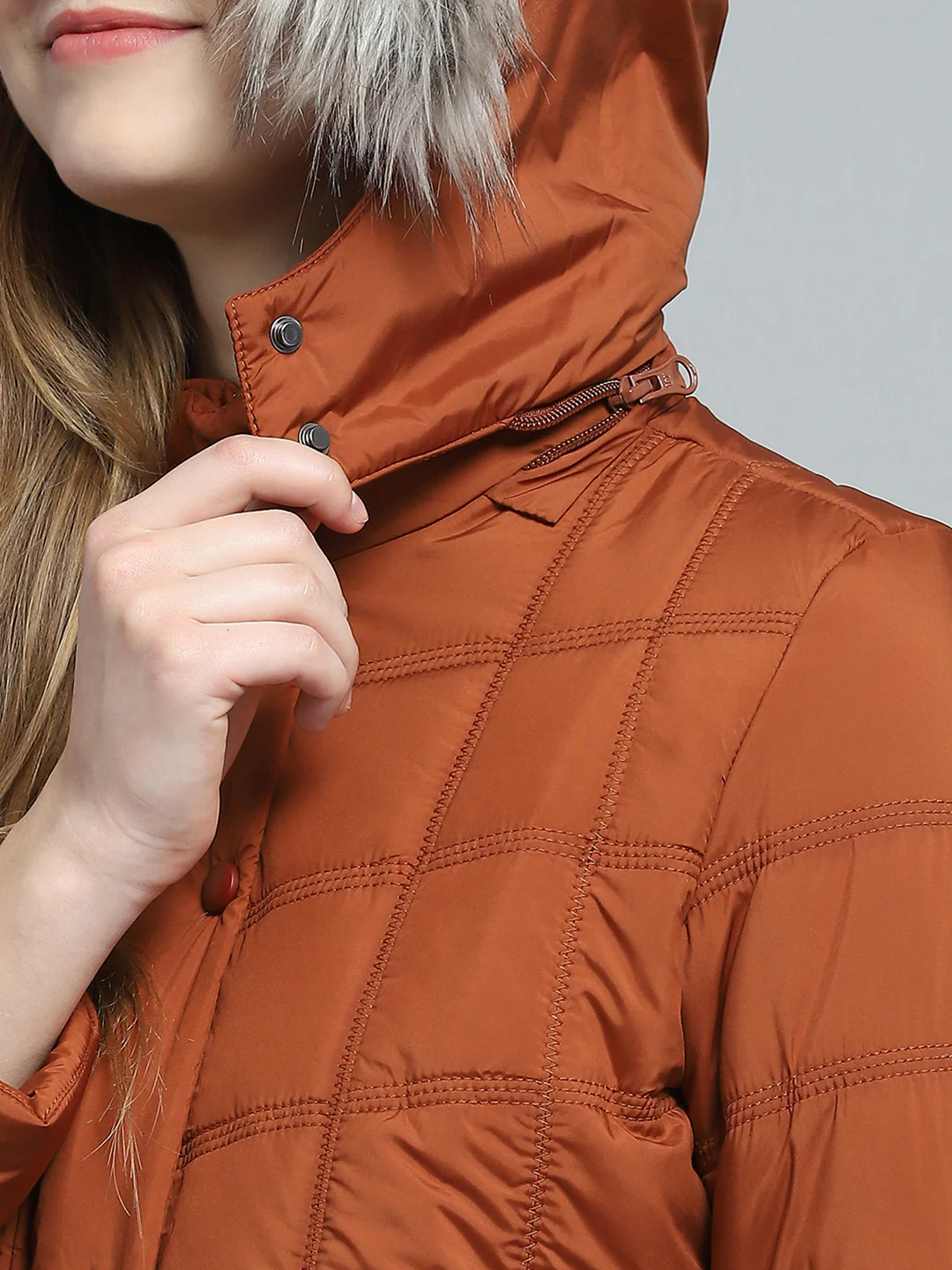 Women Rust Self Design Detachable Hood Full Sleeve Jacket - Image 6