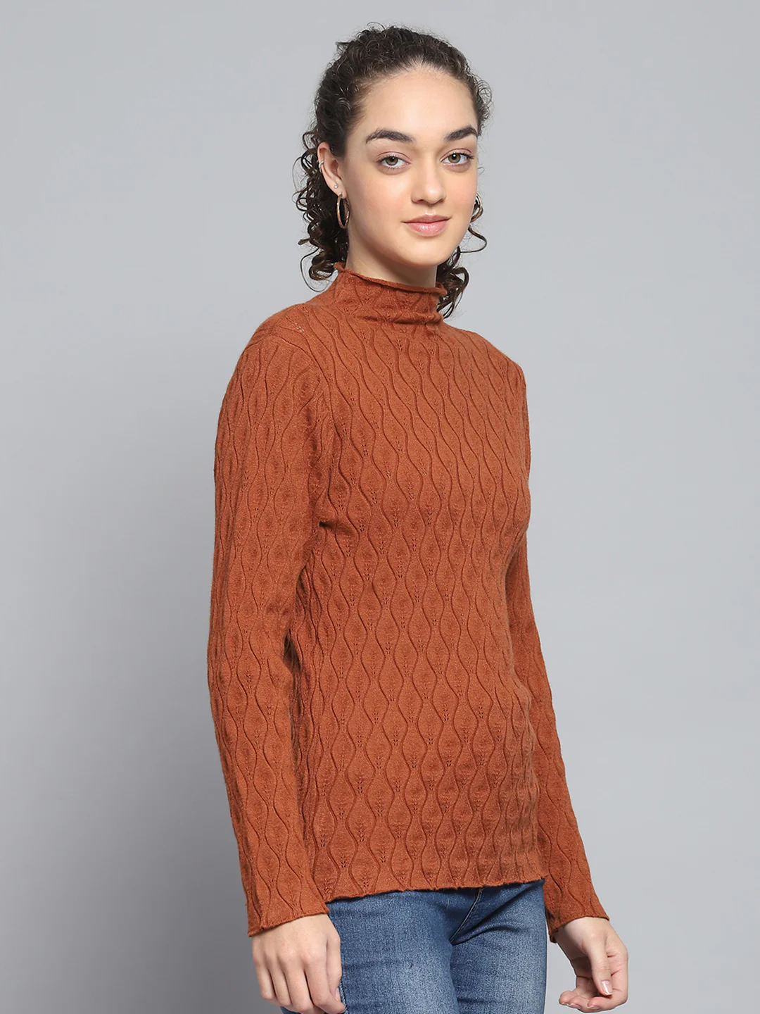Women Rust Self Design High Neck Full Sleeve Sceavy - Image 4