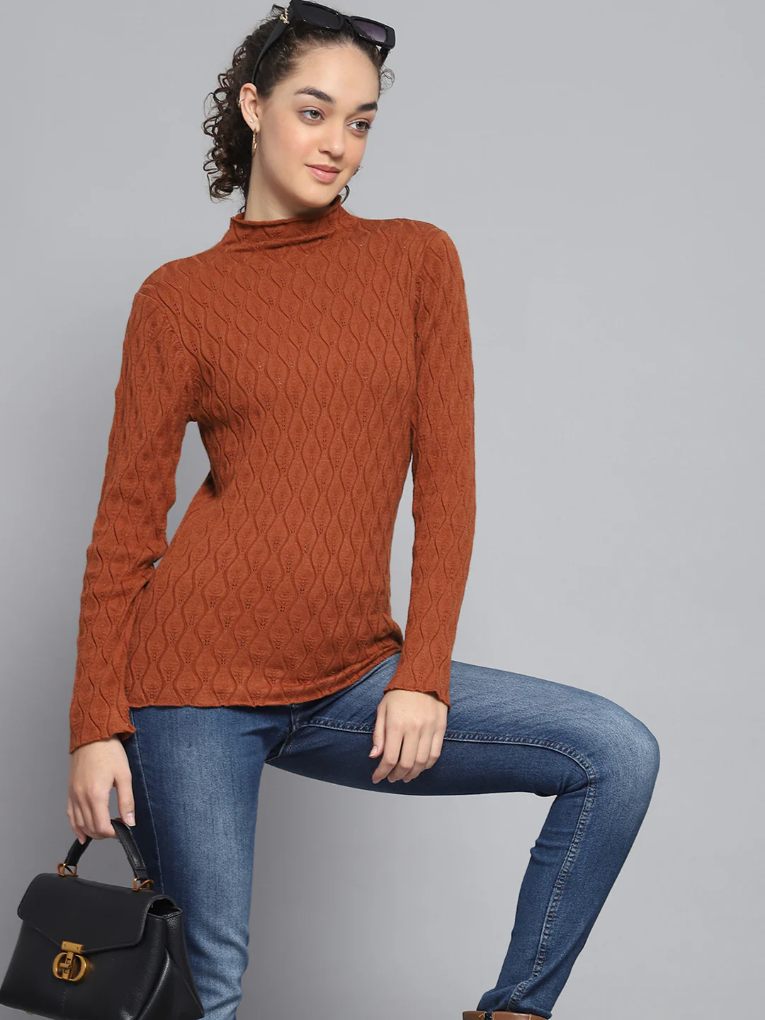 Women Rust Self Design High Neck Full Sleeve Sceavy - Image 6