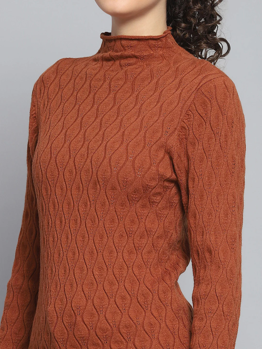 Women Rust Self Design High Neck Full Sleeve Sceavy - Image 7