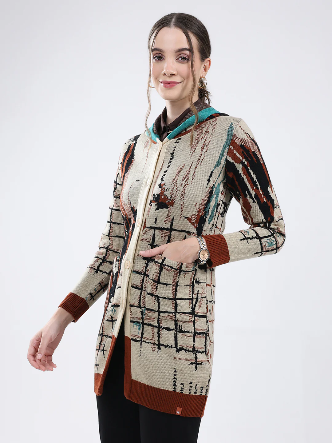 Women Rust Self Design Hooded Full Sleeve Cardigan - Image 3