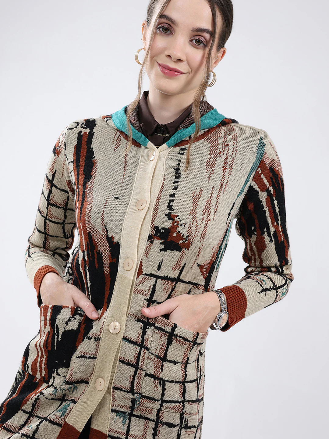 Women Rust Self Design Hooded Full Sleeve Cardigan - Image 8