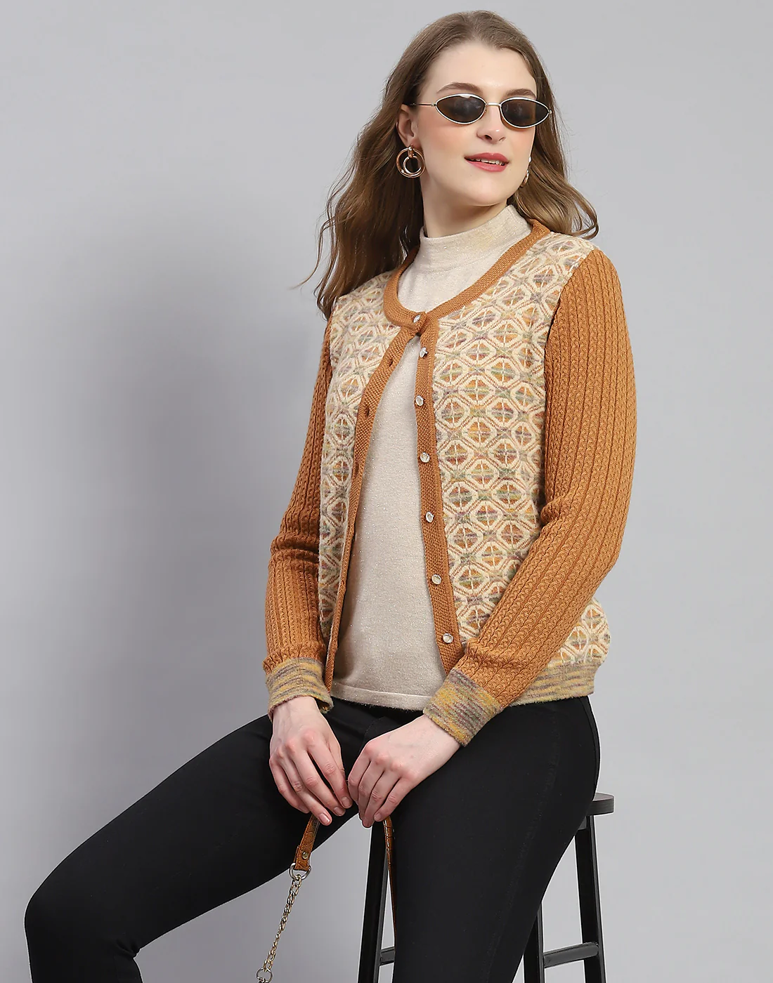 Women Rust Self Design Round Neck Full Sleeve Cardigan - Image 6