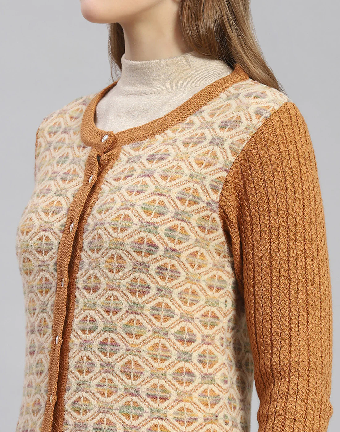 Women Rust Self Design Round Neck Full Sleeve Cardigan - Image 7