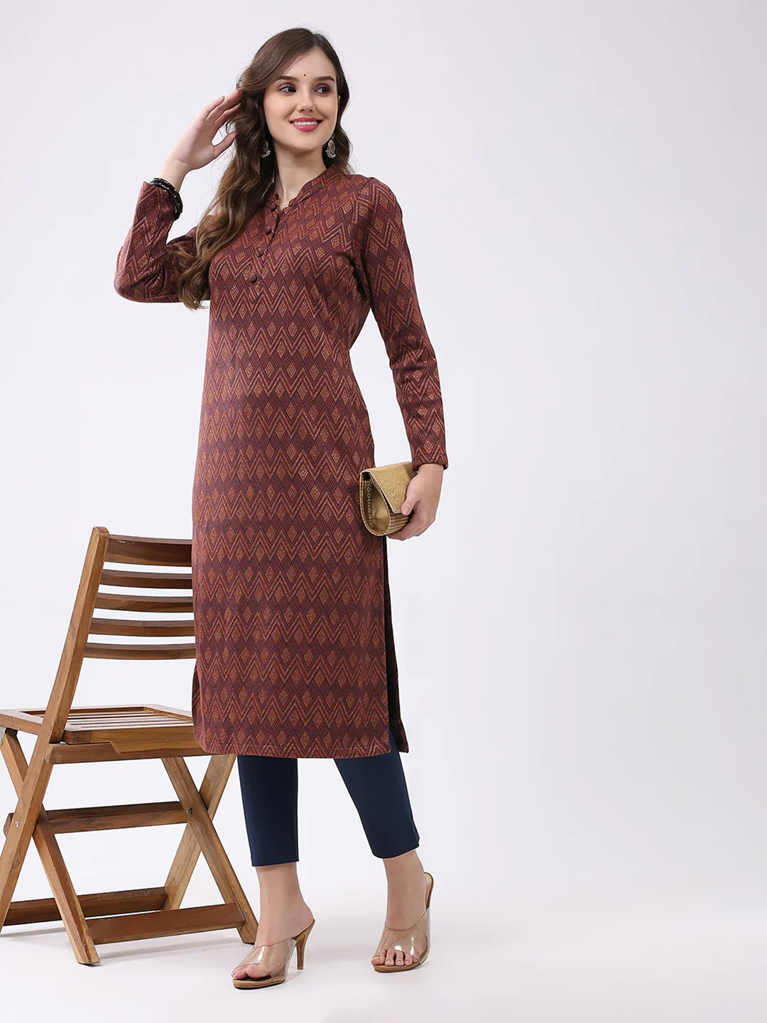 Women Rust Self Design Round Neck Full Sleeve Winter Kurti - Image 2